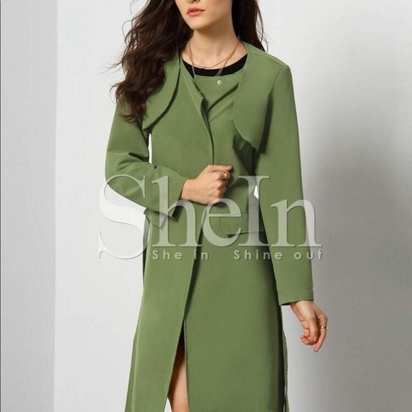 Army Green Long Sleeve Pockets Trench Coat - Picture 4 of 12